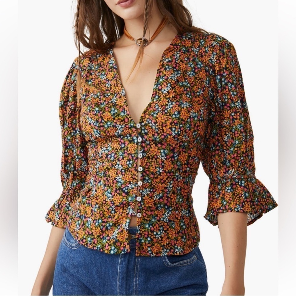 NWT Free People I Found You Floral Button-Up Women's Puff Sleeve Top Size XS
